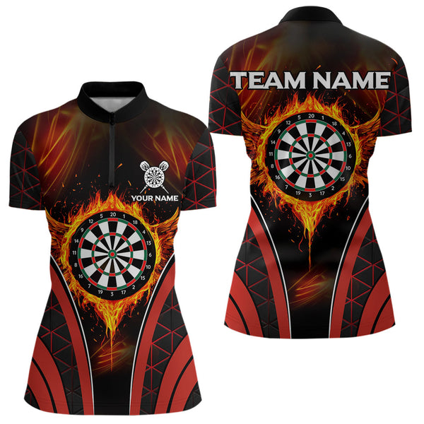 Custom Fiery Dartboard Wings Flame Darts Team Women Quarter-Zip Shirt, Dart League Shirt NYN0038
