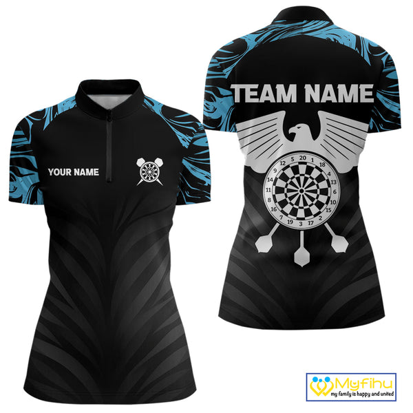 Custom Black And Blue Camo Eagle Dartboard Dart Women Quarter-Zip Shirt, Dart League Shirt NYN0379