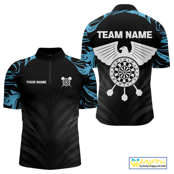 Custom Black And Blue Camo Eagle Dartboard Dart Quarter-Zip Shirts For Men, Dart Team League Shirt NYN0379