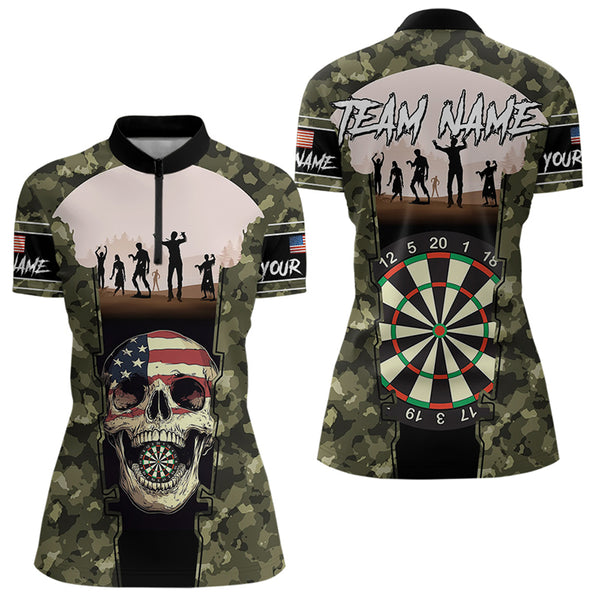Custom Halloween Dart Outfits, Patriotic US Flag Skull Dart Women Quarter-Zip Shirt NYN0046