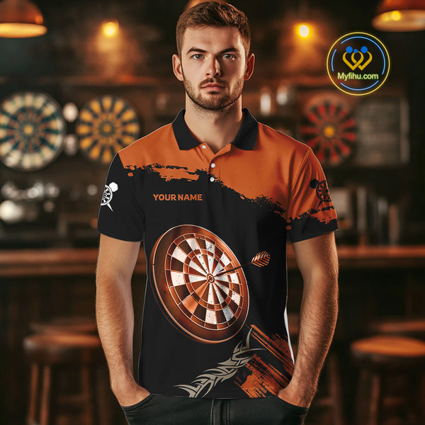 Custom Black And Orange Tribal Dart Polo Team Shirts For Men, Orange Dart Jerseys NYN0052