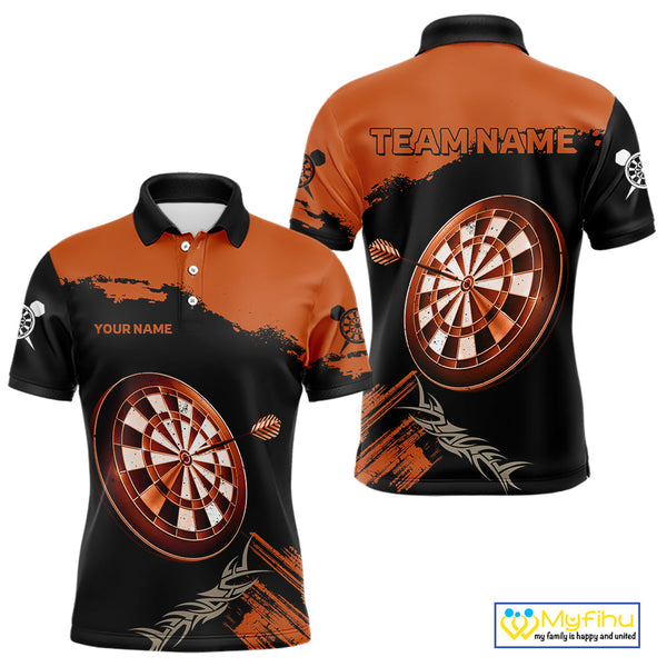 Custom Black And Orange Tribal Dart Polo Team Shirts For Men, Orange Dart Jerseys NYN0052