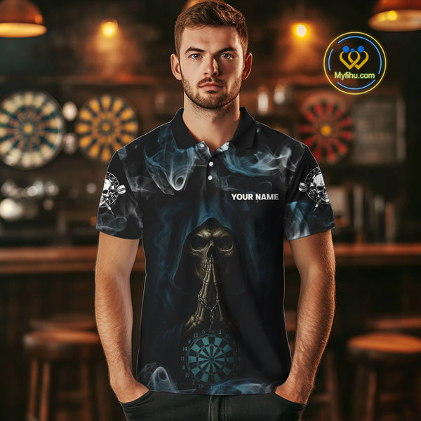 Custom Black And Blue Smoke Grim Reaper Skull Dart Men Polo Shirts, Halloween Dart Outfit NYN0390