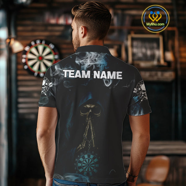 Custom Black And Blue Smoke Grim Reaper Skull Dart Men Polo Shirts, Halloween Dart Outfit NYN0390