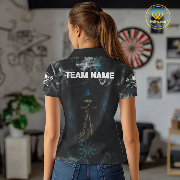 Custom Black And Blue Smoke Grim Reaper Skull Dart Women Polo Shirt, Halloween Dart Outfit NYN0390