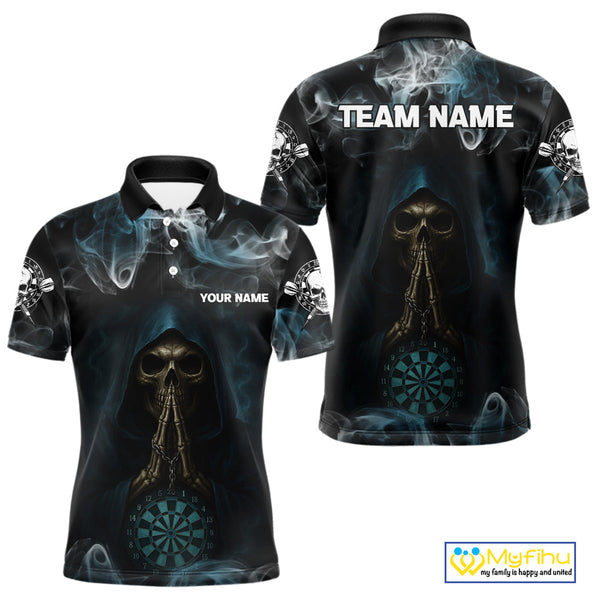 Custom Black And Blue Smoke Grim Reaper Skull Dart Men Polo Shirts, Halloween Dart Outfit NYN0390