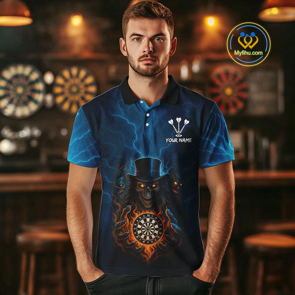 Custom Blue Thunder Lightning Flame Skull Dart Team Polo Shirts For Men, Halloween Outfit NYN0392