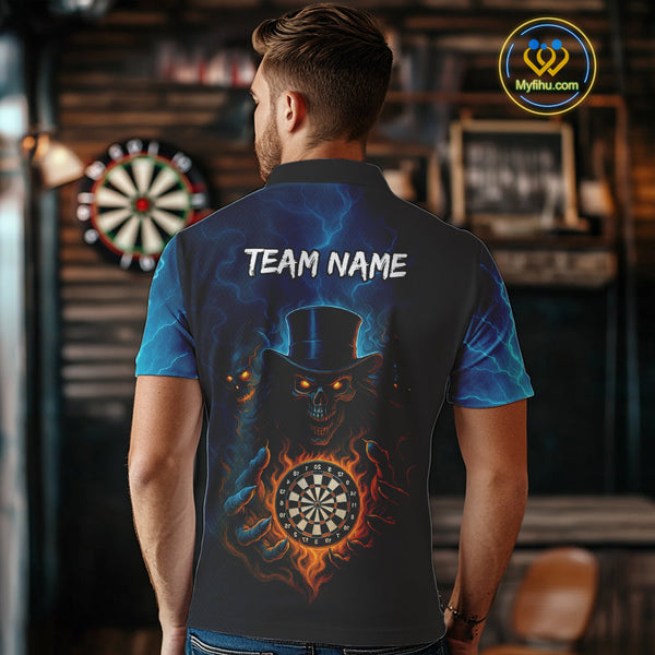 Custom Blue Thunder Lightning Flame Skull Dart Team Polo Shirts For Men, Halloween Outfit NYN0392