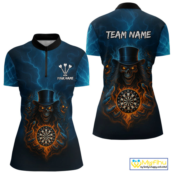 Custom Blue Lightning Flame Skull Dart Team Women Quarter-Zip Shirt, Halloween Outfit NYN0392