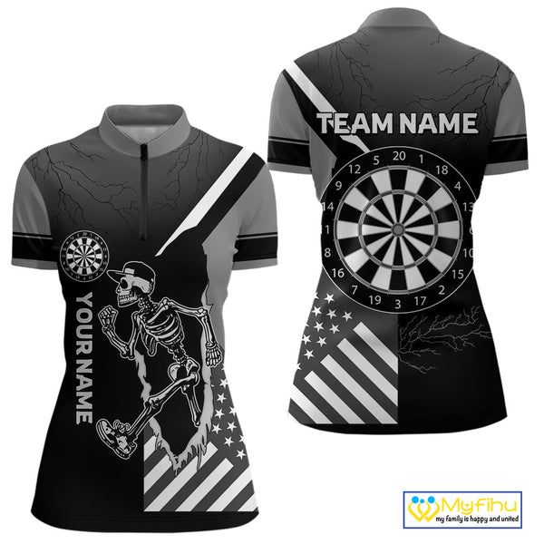 Custom Black And White Skeleton Patriotic Dart Women Quarter-Zip Shirt, Halloween Outfit NYN0055