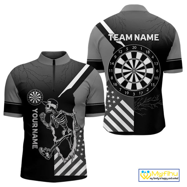 Custom Funny Black And White Skeleton Patriotic Dart Team Men Quarter-Zip Shirts, Halloween Outfit NYN0055