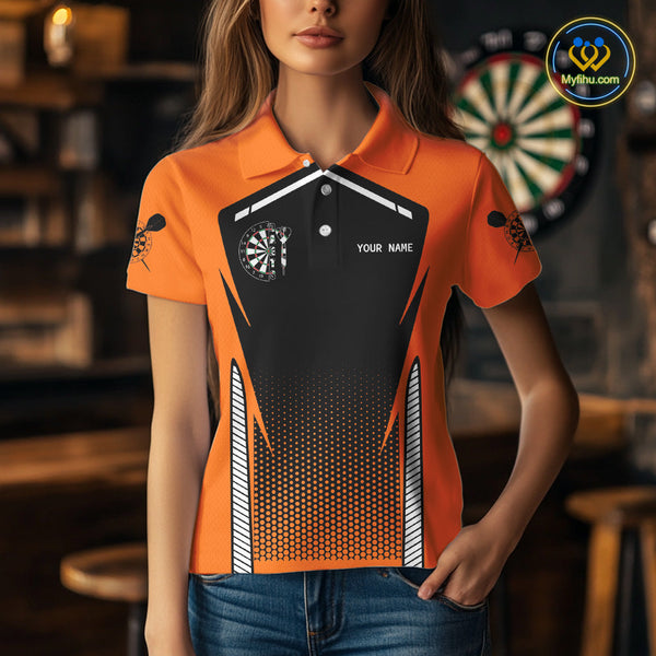 Custom Black And Orange Dart Jerseys, Dart Team Polo Shirts For Women Dart League Shirt NYN0059