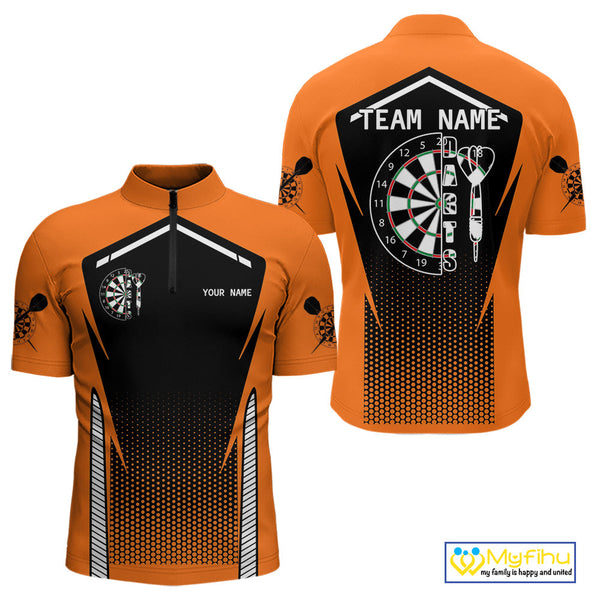 Custom Black And Orange Dart Jerseys, Dart Team Quarter-Zip Shirts For Men Dart League Shirt NYN0059