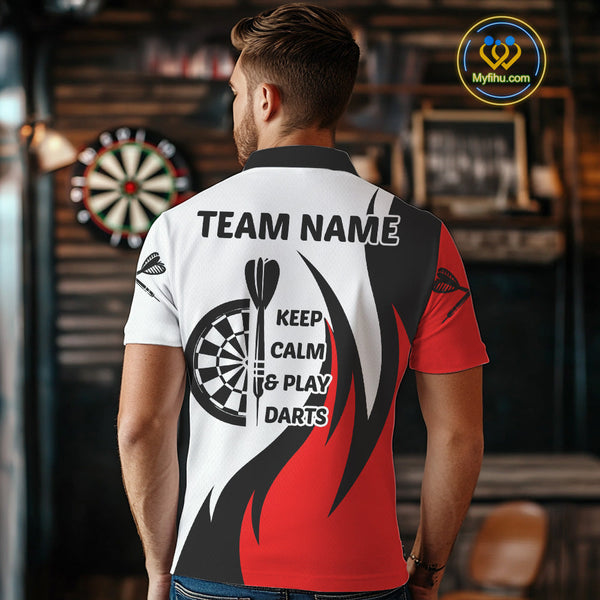 Custom Red Flame Darts Men Polo Shirts Sayings Keep Calm And Play Dart, Funny Dart Shirt NYN0061