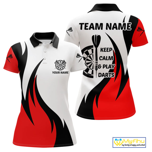Custom Red Flame Darts Women Polo Shirts Sayings Keep Calm And Play Dart, Funny Dart Shirt NYN0061