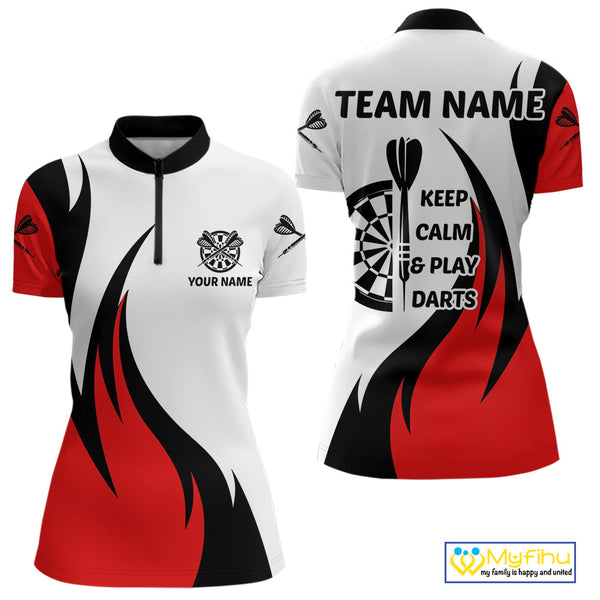 Custom Red Flame Darts Women Quarter-Zip Shirts Sayings Keep Calm And Play Dart NYN0061