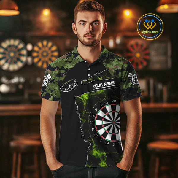 Custom Green Camouflage Darts Team Men Polo Shirts, Green Camo Dart League Shirt NYN0063