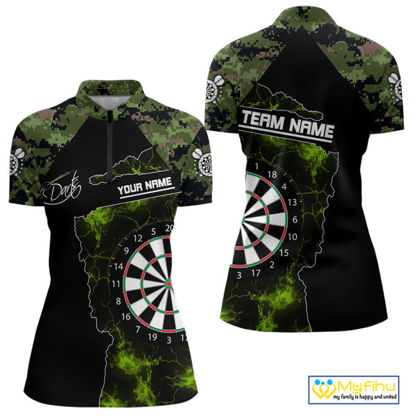Custom Green Camouflage Darts Team Women Quarter-Zip Shirts, Green Camo Dart League Shirt NYN0063