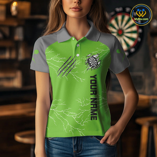 Custom Gray And Green Thunder Lightning Claw Marks Dart Team Women Polo Shirts NYN0419