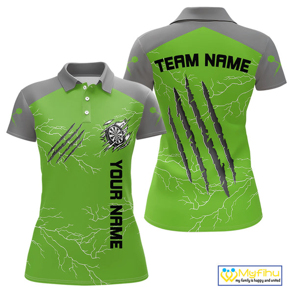 Custom Gray And Green Thunder Lightning Claw Marks Dart Team Women Polo Shirts NYN0419