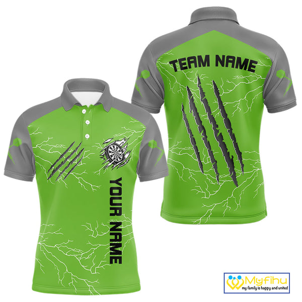 Custom Gray And Green Thunder Lightning Claw Marks Dart Team Men Polo Shirts NYN0419
