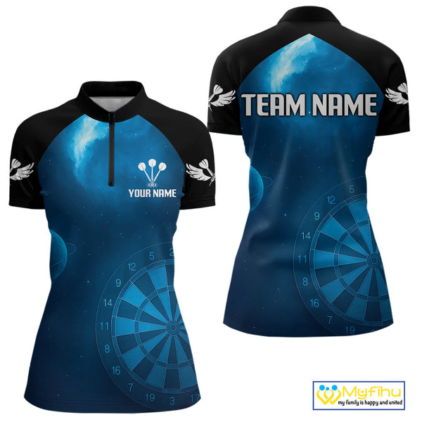 Custom Blue Galaxy Sky Dart Team Quarter-Zip Shirts For Women, Dart Jerseys NYN0422