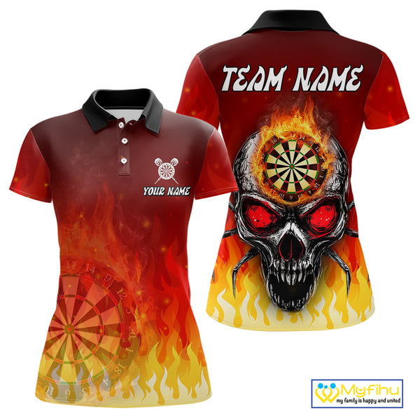 Custom Fire Flame Skull Dartboard Dart Polo Shirts For Women, Halloween Dart Team Outfit NYN0227