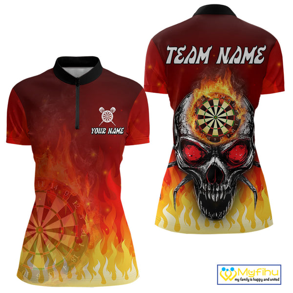 Custom Fire Flame Skull Dartboard Dart Women Quarter-Zip Shirt, Halloween Dart Team Outfit NYN0227