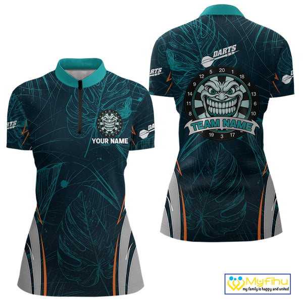 Custom Green Tropical Leaf Pattern Tiki Grinning Dart Quarter-Zip Shirt For Women NYN0433
