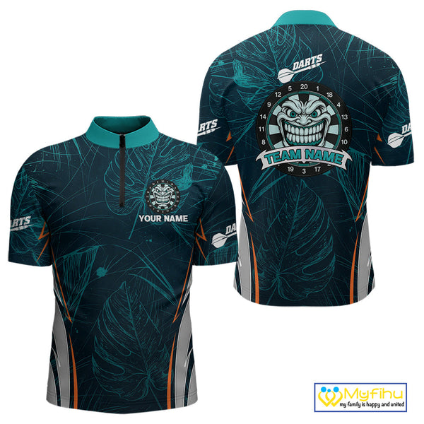Custom Green Tropical Leaf Pattern Tiki Grinning Dart Quarter-Zip Shirt For Men NYN0433