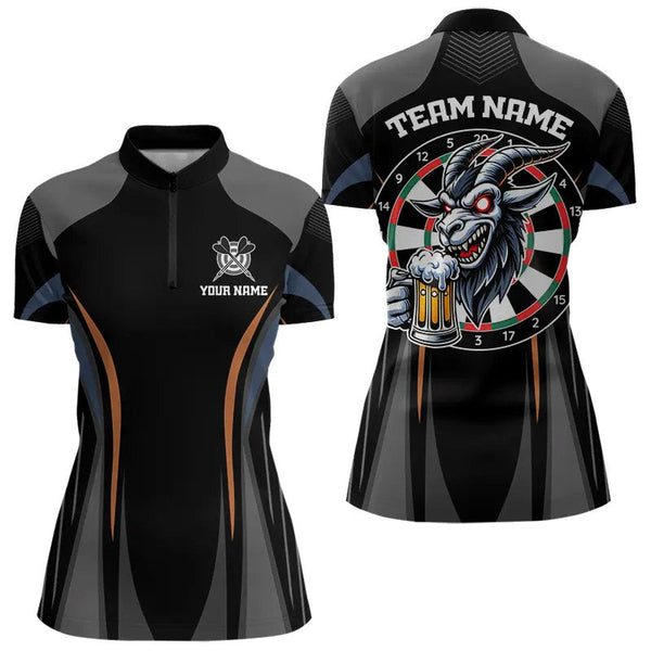 Custom Red Eye Goat With Beer Drinking Dart Women Quarter-Zip Shirt, Halloween Dart Outfit NYN0023