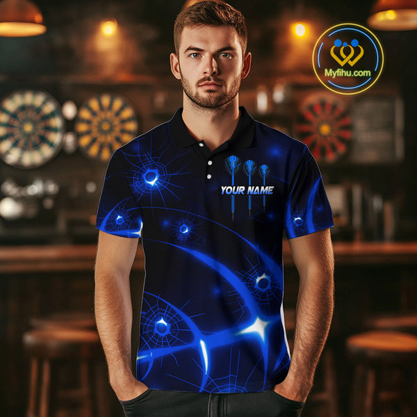 Custom Black And Blue Shattered Glass Dart Polo Shirts For Men, Dart Jerseys NYN0718