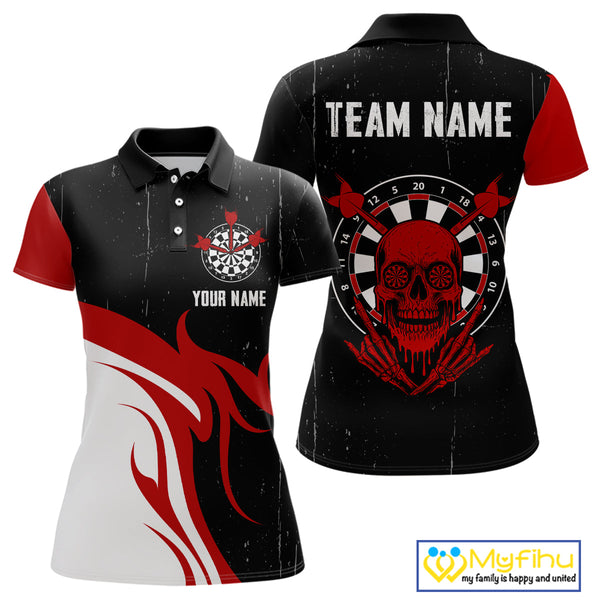 Custom Grunge Black And Red Skull Dart Team Polo Shirts For Women, Halloween Dart Outfit NYN0116