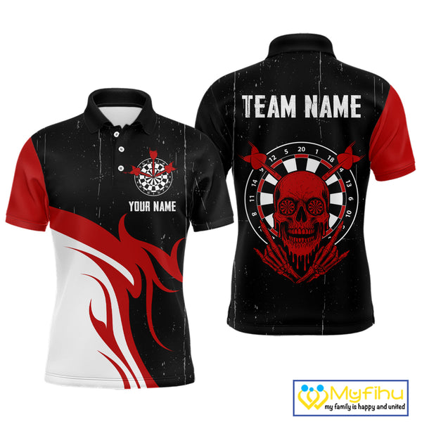 Custom Grunge Black And Red Skull Dart Team Polo Shirts For Men, Halloween Dart Outfit NYN0116