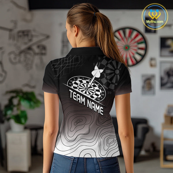 Custom Black And White Camo Bullseye Dart Team Women Polo Shirts, Dart Jerseys NYN0249