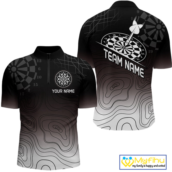 Custom Black And White Camo Bullseye Dart Team Men Quarter-Zip Shirts, Dart Jerseys NYN0249
