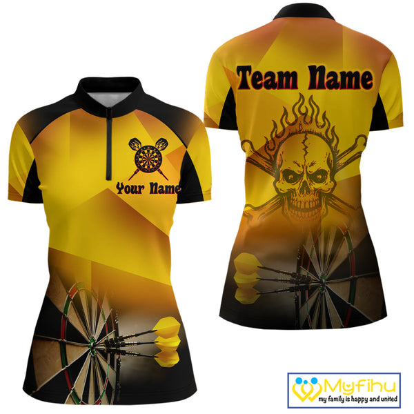 Custom Black And Gold Flame Skull Dart Team Women Quarter-Zip Shirt, Halloween Dart Outfit NYN0256
