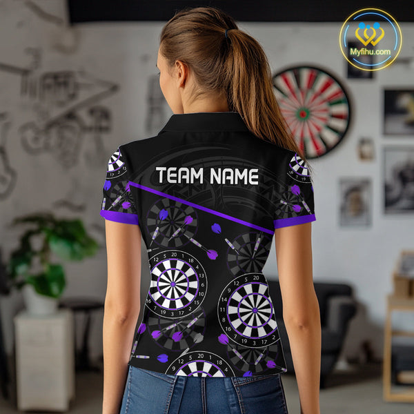 Custom Black And Purple Tribal Dart Team Polo Shirts For Women, Dart Legue Shirt NYN0264