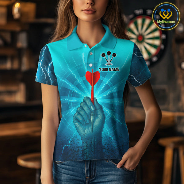 Custom Blue Thunder Lightning Darts Team Polo Shirts For Women, Dart Jersey NYN0316