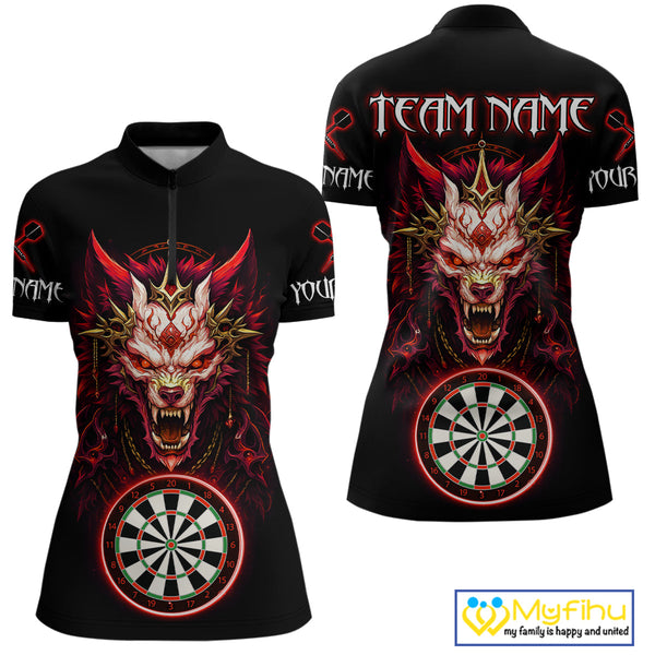 Custom Black And Red Dragon Women Quarter-Zip Shirt, Dragon Dart Team League Shirt NYN0582