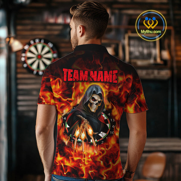 Custom Red Fire Flame Grim Reaper Dart Men Polo Shirt, Halloween Skull Dart Outfit NYN0585