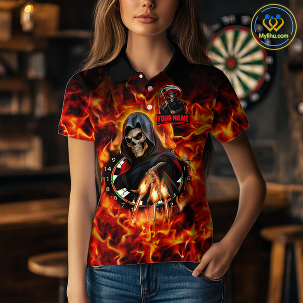 Custom Red Fire Flame Grim Reaper Dart Women Polo Shirt, Halloween Skull Dart Outfit NYN0585