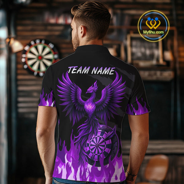 Custom Black And Purple Fire Flame Phoenix Dart Team Men Polo Shirt, Dart League Shirt NYN0341