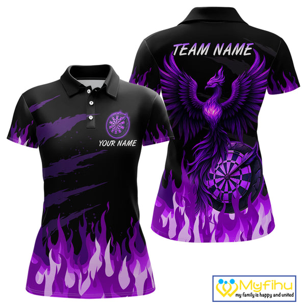 Custom Black And Purple Fire Flame Phoenix Dart Team Women Polo Shirt, Dart League Shirt NYN0341