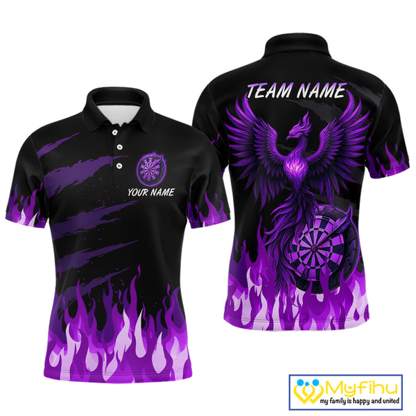 Custom Black And Purple Fire Flame Phoenix Dart Team Men Polo Shirt, Dart League Shirt NYN0341