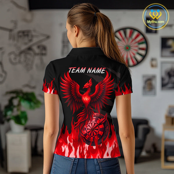 Custom Black And Red Fire Flame Phoenix Dart Team Women Polo Shirt, Dart League Shirt NYN0342