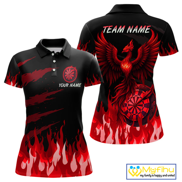 Custom Black And Red Fire Flame Phoenix Dart Team Women Polo Shirt, Dart League Shirt NYN0342