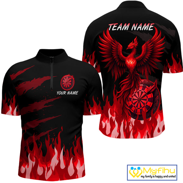 Custom Black And Red Fire Flame Phoenix Dart Team Men Quarter-Zip Shirt, Dart League Shirt NYN0342