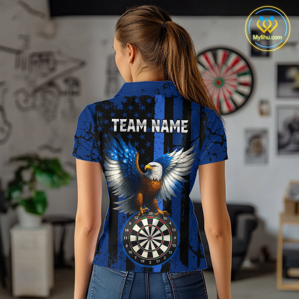 Custom Blue Line US Flag Eagle Patriotic Dart Polo Shirt For Women, Dart Jersey NYN0609