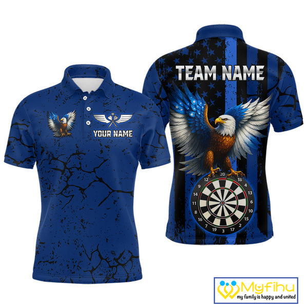 Custom Blue Line US Flag Eagle Patriotic Dart Polo Shirt For Men, Dart Jersey NYN0609